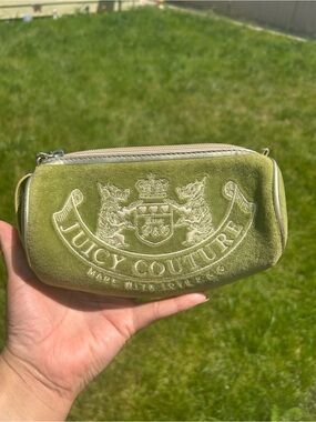 Juicy Couture Y2K Vintage Retro Rare Green Silver Velour Barrel Makeup Bag Case